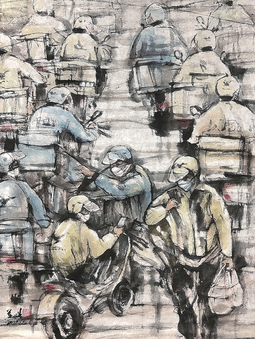 ▲余英皓国画《争分夺秒,保供一线》