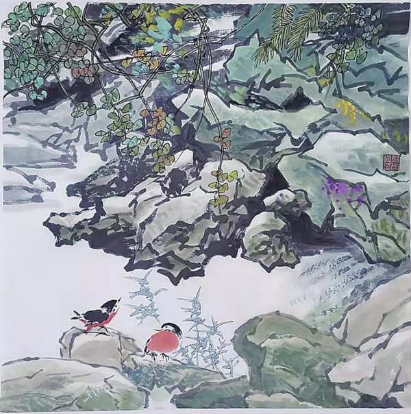 ▲严荣镇国画《青山绿水抗疫情》