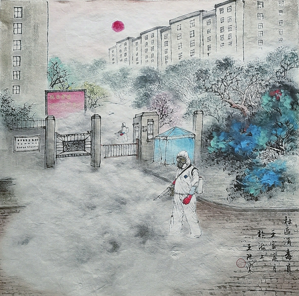 ▲王际梁国画《社区消防员》
