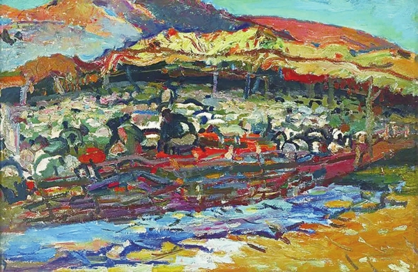 木板油画《煤山上的羊群》1960年代