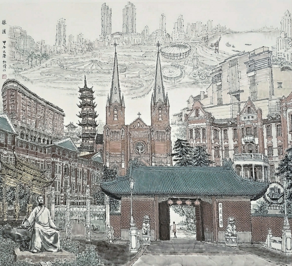 戴红倩国画《徐家汇》